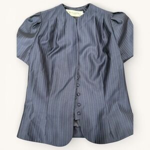 Christian Dior Pinstripe Wool Silk Blouse Navy Blue Puff Sleeve 18” P2P Size 12